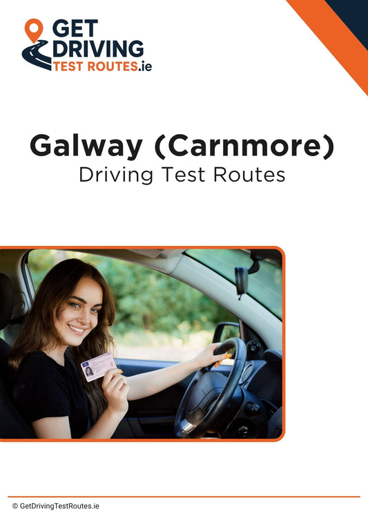 Cover of 'Galway (Carnmore) Driving Test Routes' with a woman holding a driving license after passing her test in Galway Carnmore.