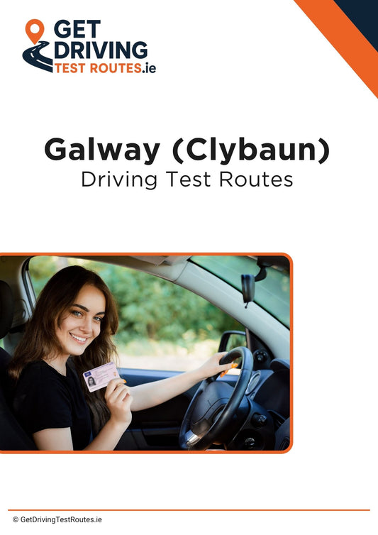 Cover of 'Galway (Clybaun) Driving Test Routes' by Get Driving Test Routes.ie with a woman holding a driving license after passing her test in Galway Clybaun. 