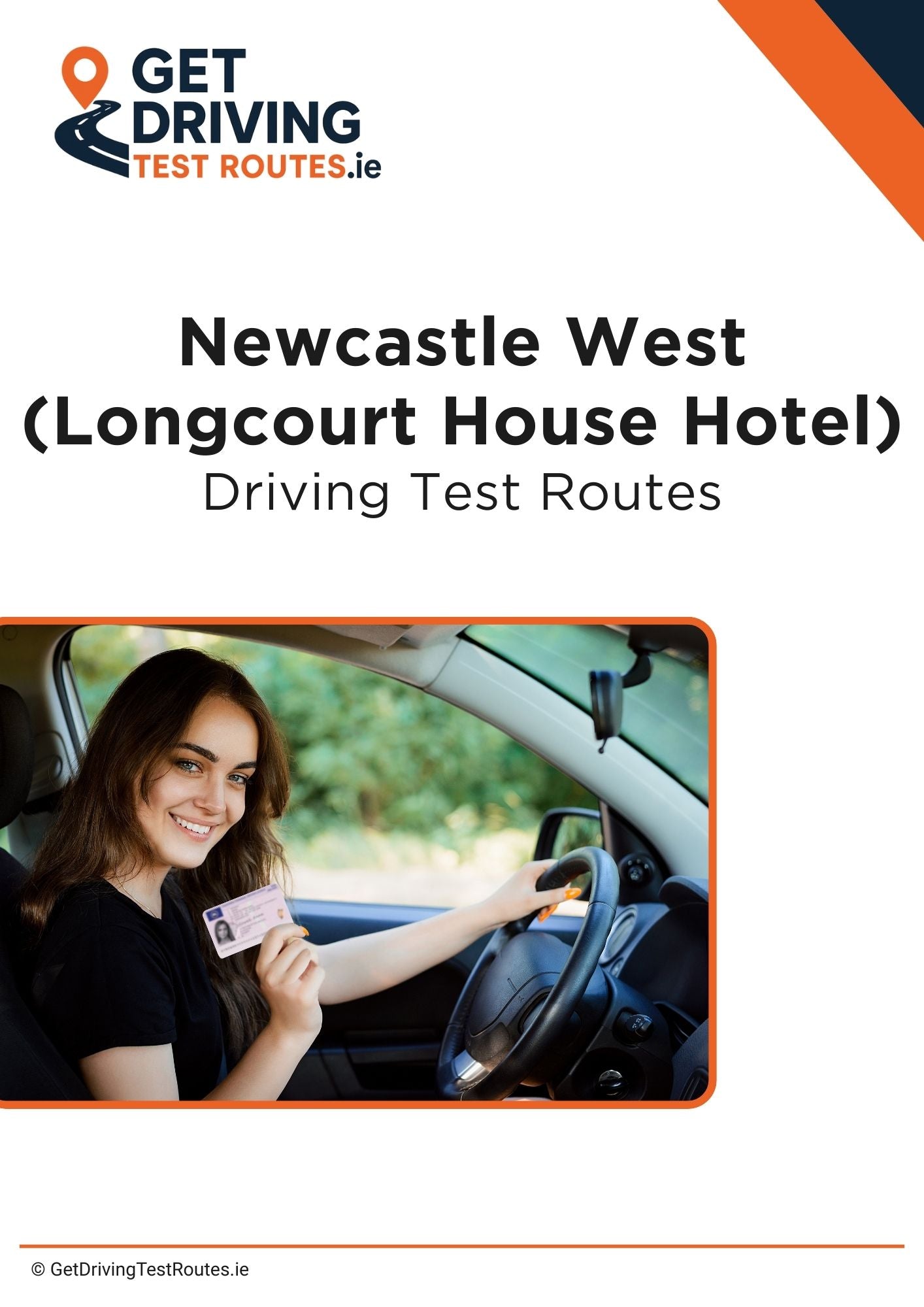 Cover of 'Newcastle West (Longcourt House Hotel) Driving Test Routes' with a woman holding a driving test certificate.
