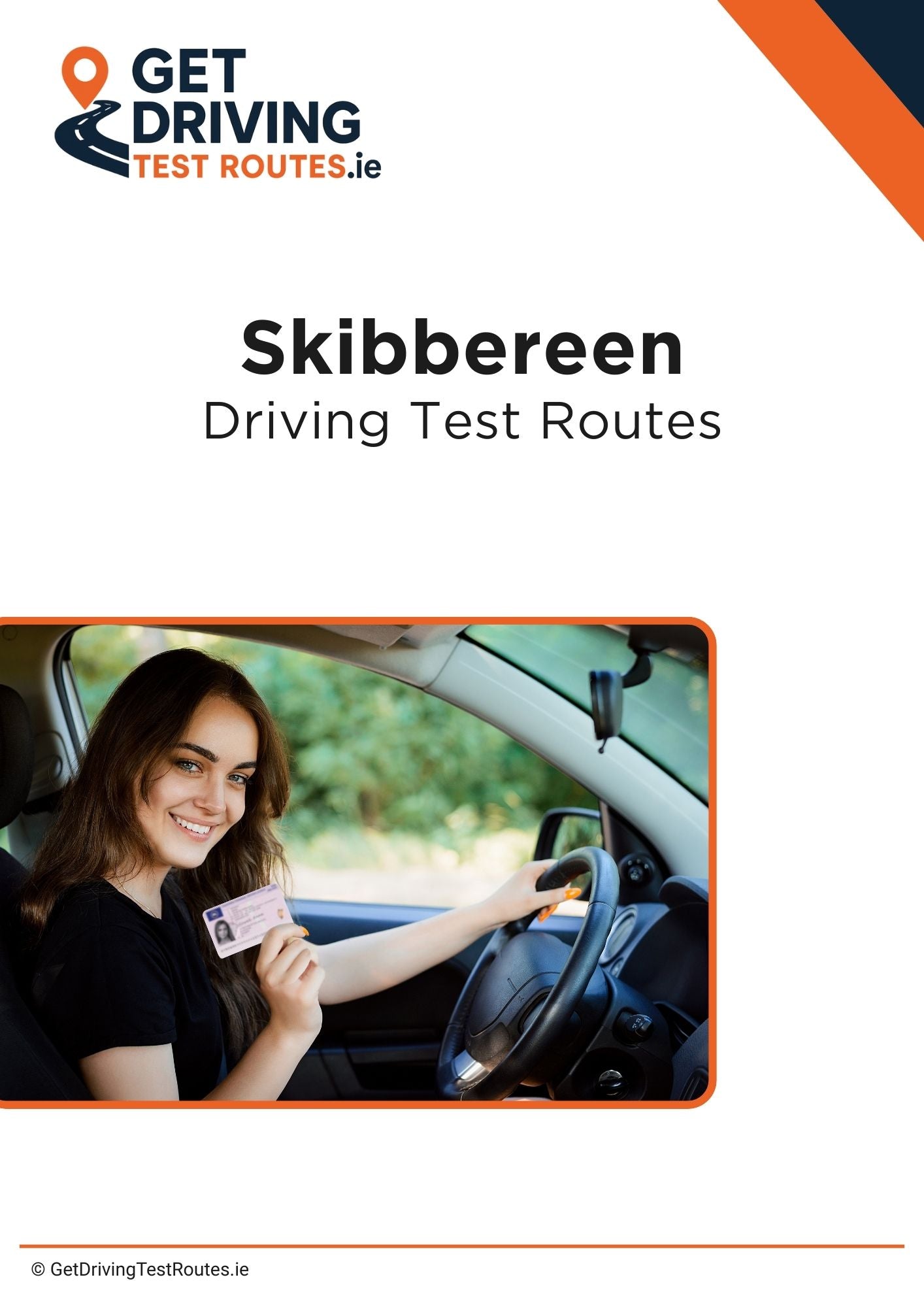 Cover of 'Skibbereen Driving Test Routes' with a woman holding a license and a car interior.